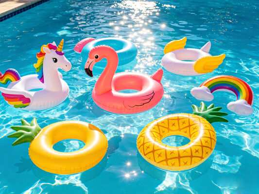 Customizable Rose Gold Flamingo Inflatable Swim Ring with Pink-Yellow Striped Design for Summer Pool Fun