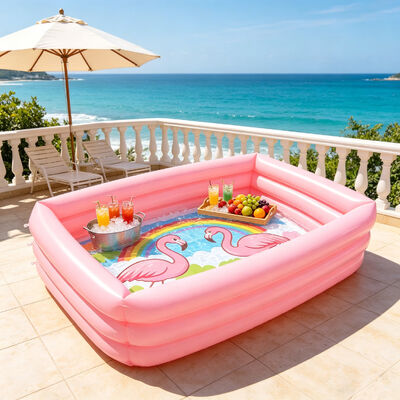 3-Ring Inflatable Kids Pool with Flamingo & Rainbow Print, Pink Rectangular Kiddie Pool for Backyard, Garden & Outdoor Water Play