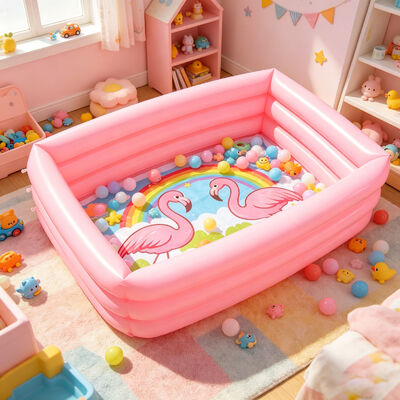 3-Ring Inflatable Kids Pool with Flamingo & Rainbow Print, Pink Rectangular Kiddie Pool for Backyard, Garden & Outdoor Water Play