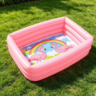 3-Ring Inflatable Kids Pool with Flamingo & Rainbow Print, Pink Rectangular Kiddie Pool for Backyard, Garden & Outdoor Water Play