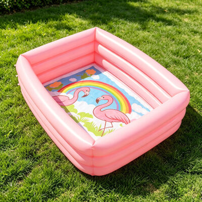3-Ring Inflatable Kids Pool with Flamingo & Rainbow Print, Pink Rectangular Kiddie Pool for Backyard, Garden & Outdoor Water Play