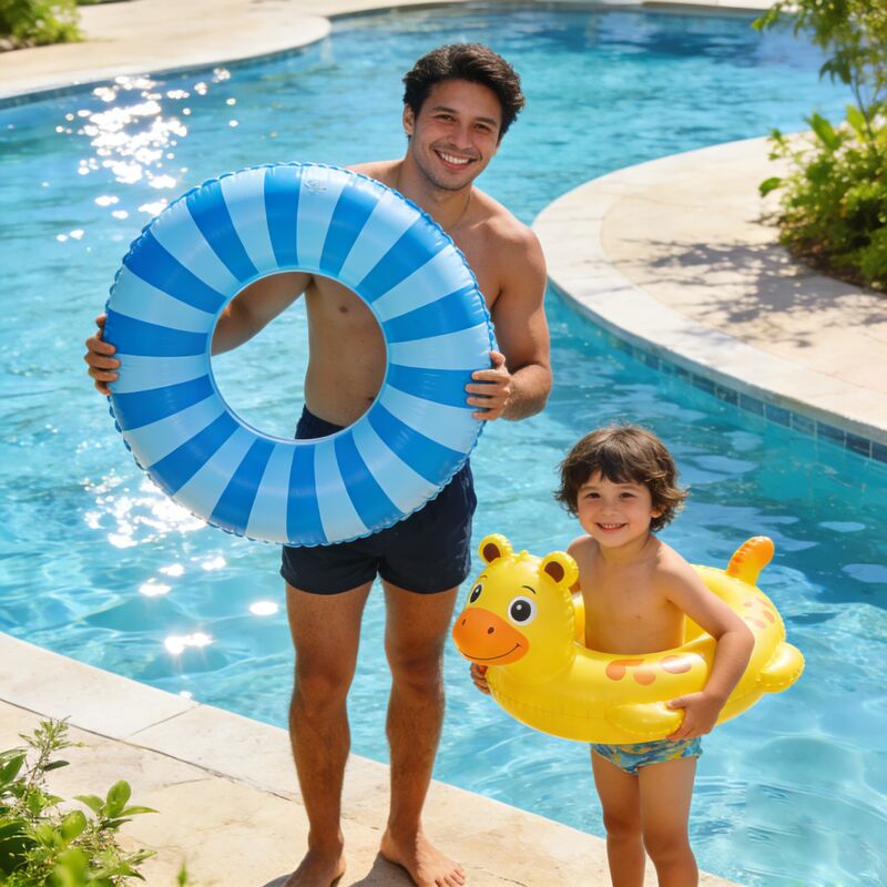 Customizable Rose Gold Flamingo Inflatable Swim Ring with Pink-Yellow Striped Design for Summer Pool Fun
